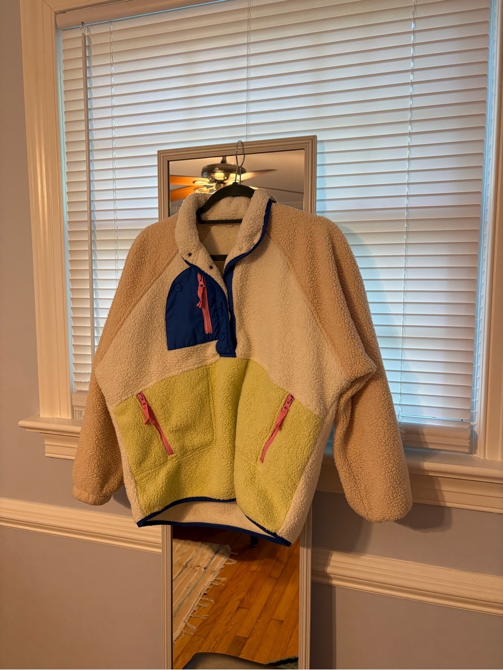 SHEIN Colorblock Sherpa Pullover Jacket in Cream, Lime, Navy & Pink